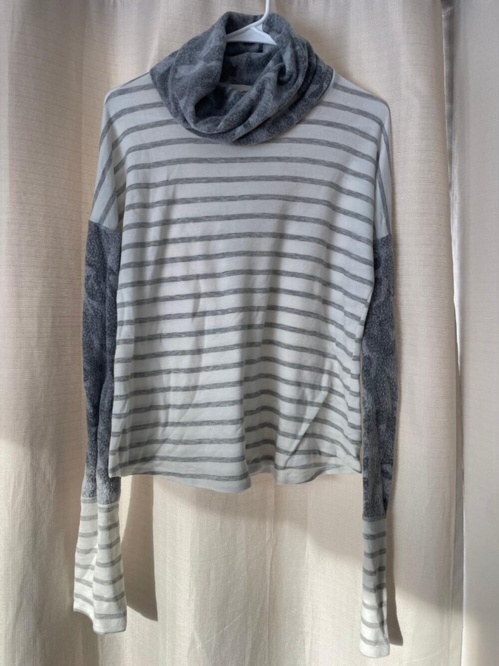 Striped camo cowl neck sweater